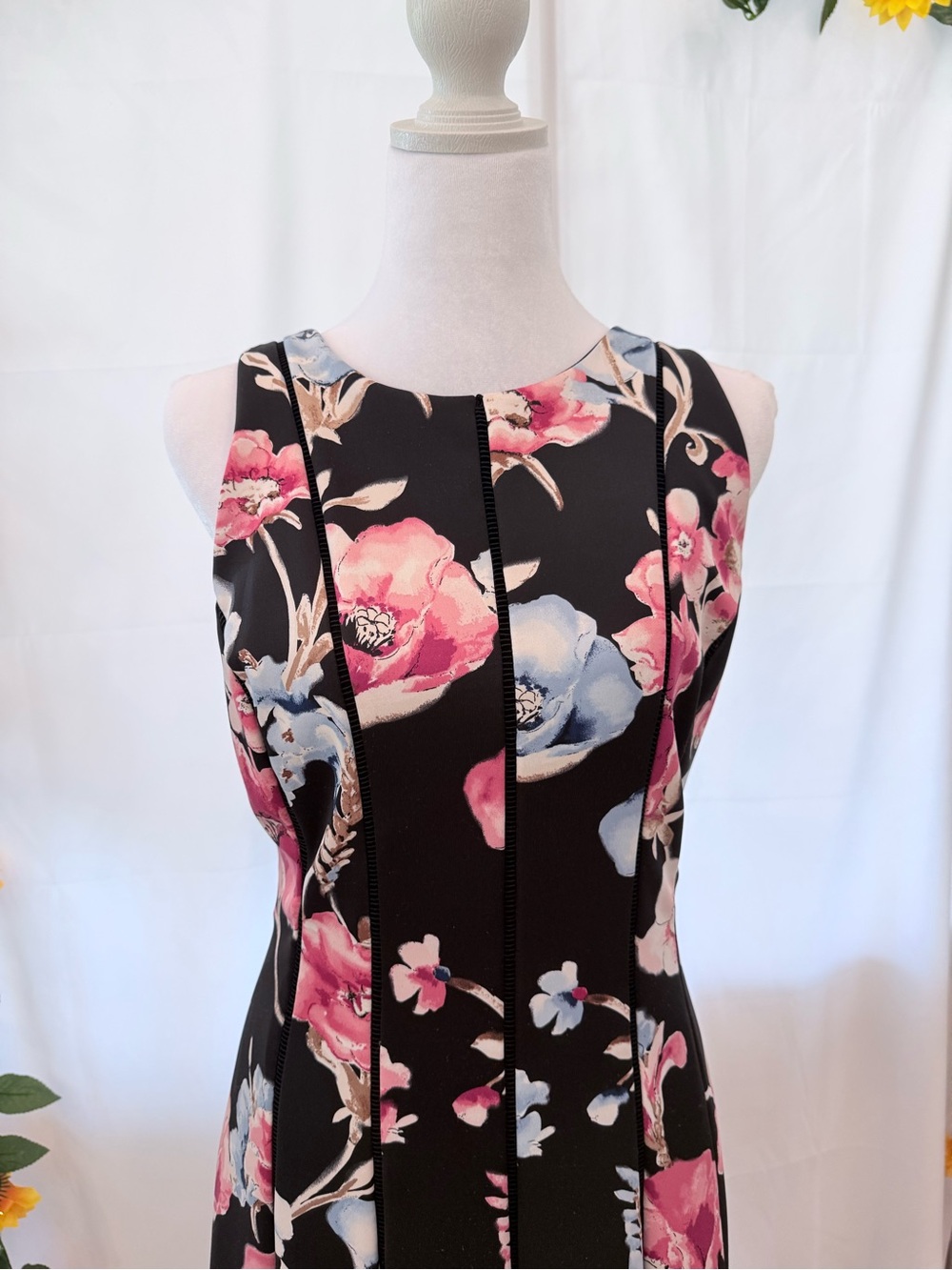 White House Black Market Black Midi Dress with Pink & Blue Floral Print - Picture 3 of 5